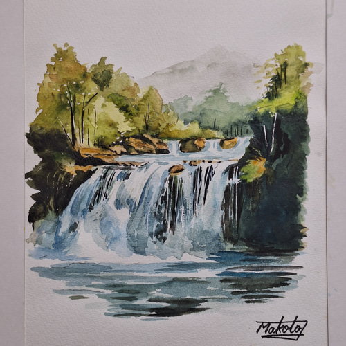 綺麗な滝の油絵 サイン入り F0サイズ