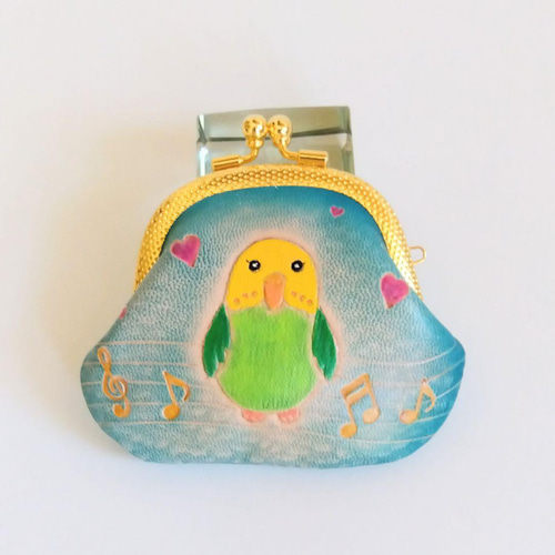 がま口印鑑ケース朱肉付き♡小鳥 インコ柄 がち