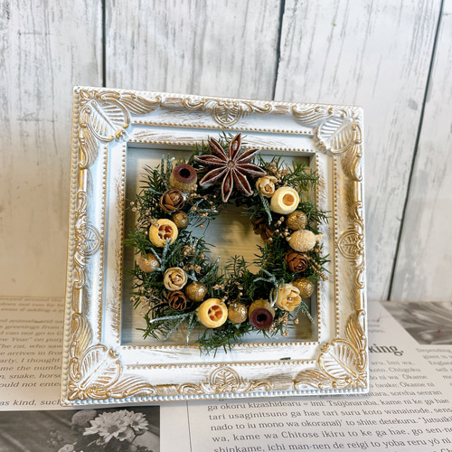 クリスマスリース フレームアレンジ 12x12cm A プリザーブドフラワー