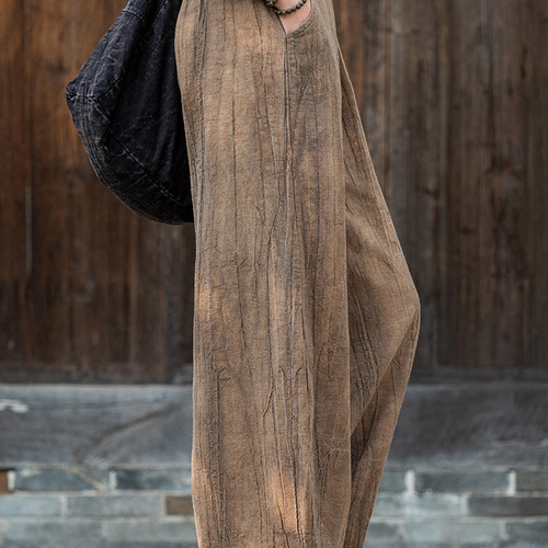 麻の染め 裾切り替え カジュアルロングパンツ 新作コットンリネン