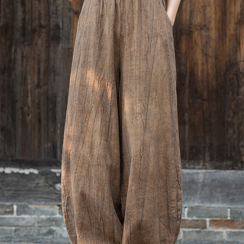 麻の染め 裾切り替え カジュアルロングパンツ 新作コットンリネン