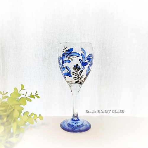 美術品　ワイングラス クラシックリーフのワイングラス ～ブルー系（絵付けガラス