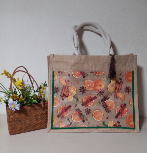人気のジュートバッグ オレンジ、スパイス柄 トートバッグ roomboxmegu
