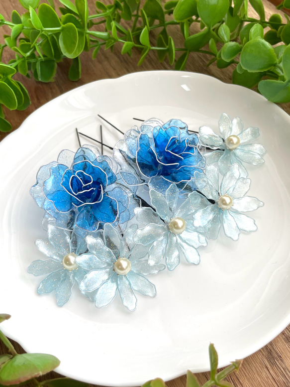 青い花々の髪飾り ＊牡丹 ＊薔薇 ＊桜 ＊アメリカンフラワー