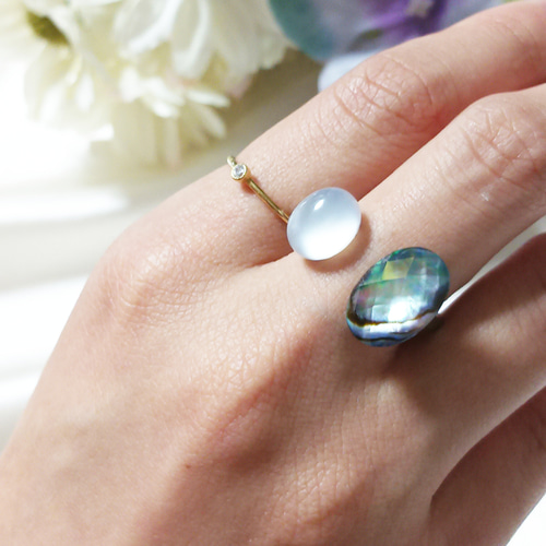 海からの贈り物 虹色リング】天然石フォークリング アバロンシェル 