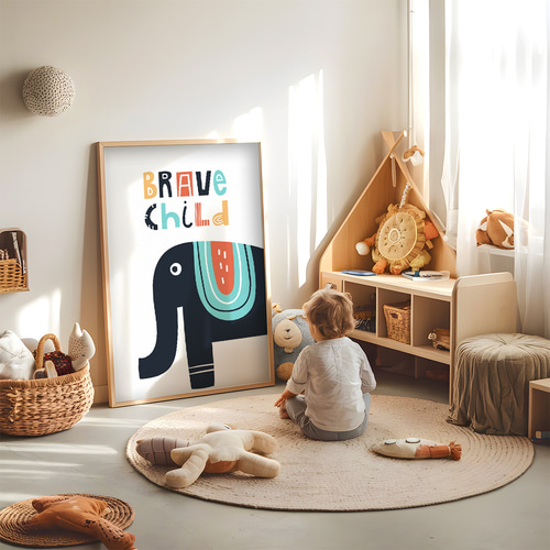 アートポスター 北欧風ゾウ BRAVE child 英語メッセージ 可愛い