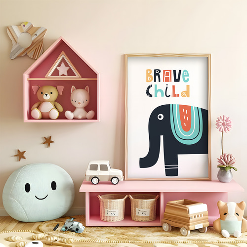 アートポスター 北欧風ゾウ BRAVE child 英語メッセージ 可愛い