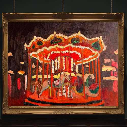 32×41㎝「夜のメリーゴーランド」F6・原画・油彩画 N 絵画 かいがの