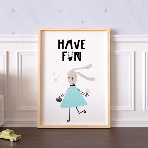 子供向けアートポスター HAVE FUN うさぎちゃんイラスト 北欧風 ミント
