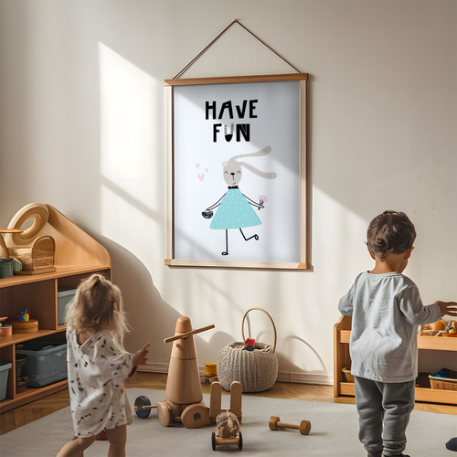 子供向けアートポスター HAVE FUN うさぎちゃんイラスト 北欧風 ミント