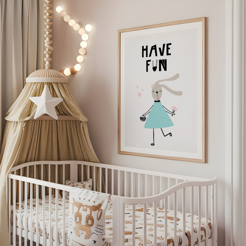 子供向けアートポスター HAVE FUN うさぎちゃんイラスト 北欧風 ミント