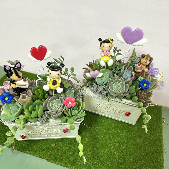 多肉植物寄せ植え〜樹脂粘土レジン(粘土細工)ガーデンピック 一輪挿し 