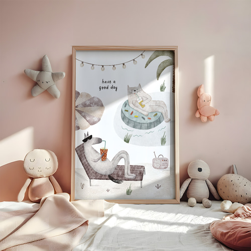 子供向けアートポスター 夏休みリラックス猫とうさぎの優しい水彩画