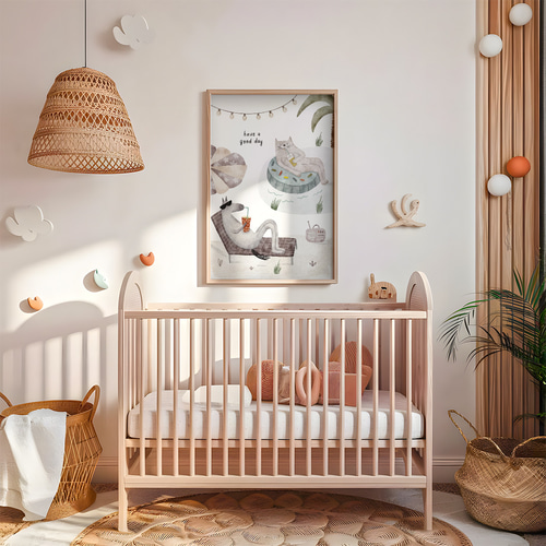 子供向けアートポスター 夏休みリラックス猫とうさぎの優しい水彩画