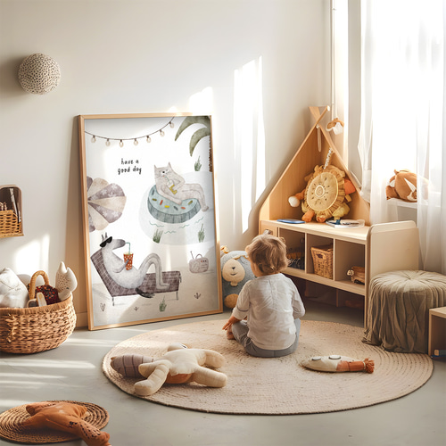 子供向けアートポスター 夏休みリラックス猫とうさぎの優しい水彩画