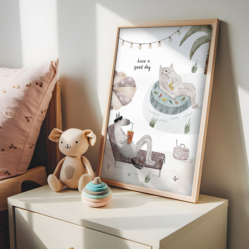 子供向けアートポスター 夏休みリラックス猫とうさぎの優しい水彩画