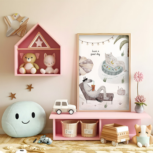 子供向けアートポスター 夏休みリラックス猫とうさぎの優しい水彩画