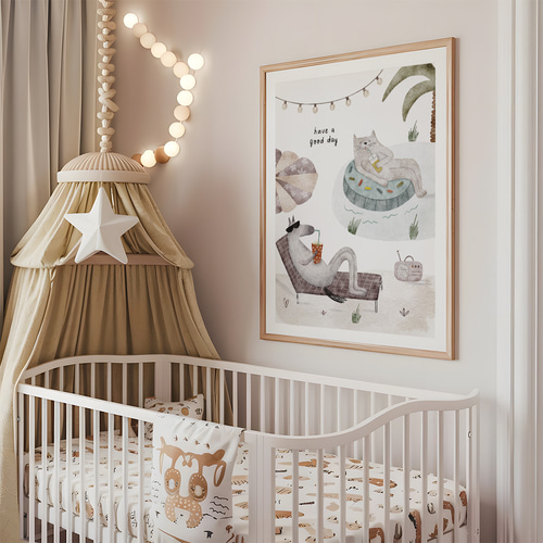 子供向けアートポスター 夏休みリラックス猫とうさぎの優しい水彩画