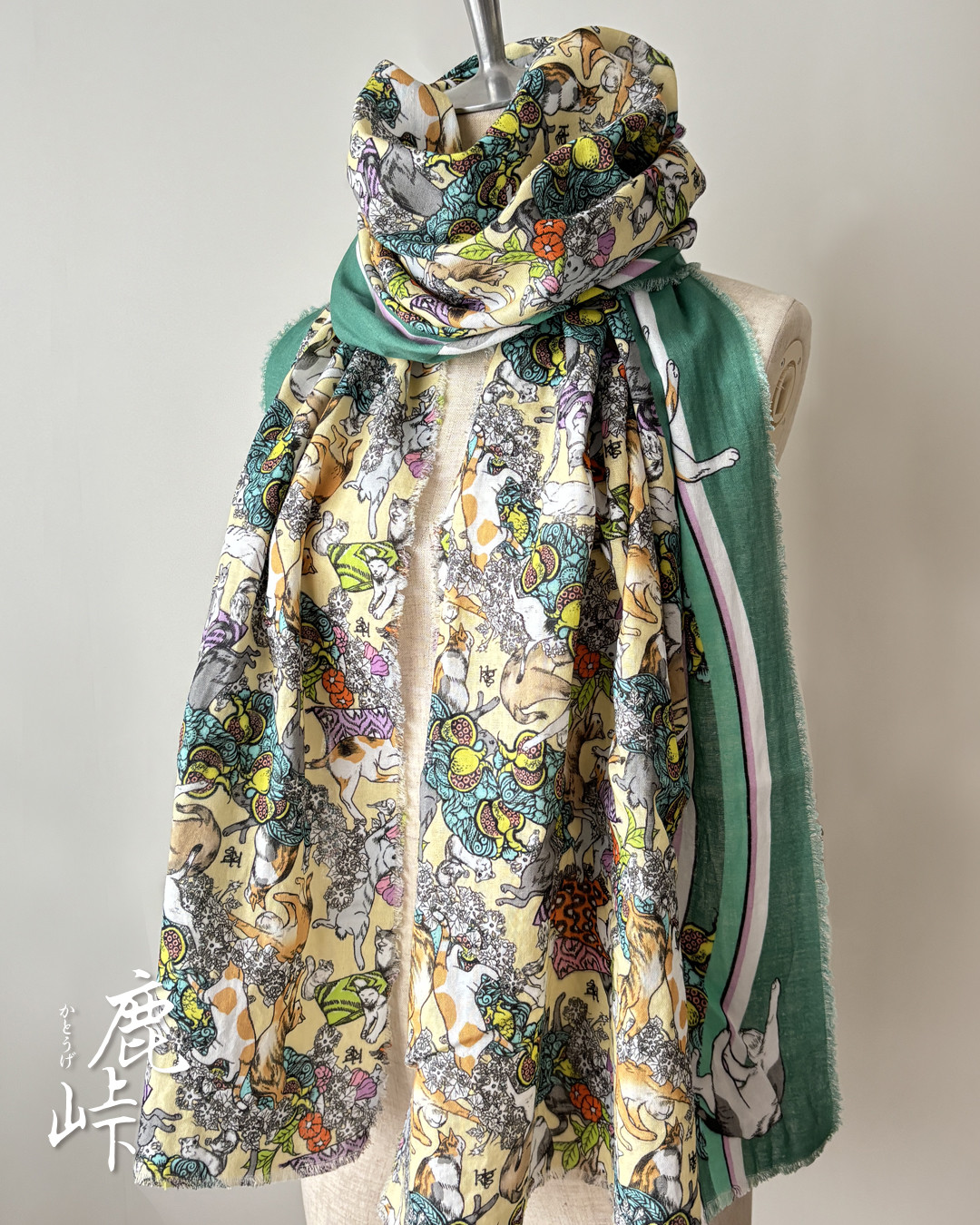 お宅の猫ちゃん柄ダブルガーゼストール03(グリーンライン)