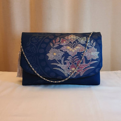 最後の一点】シルバー花柄様シルク着物帯の2waysクラッチバッグ