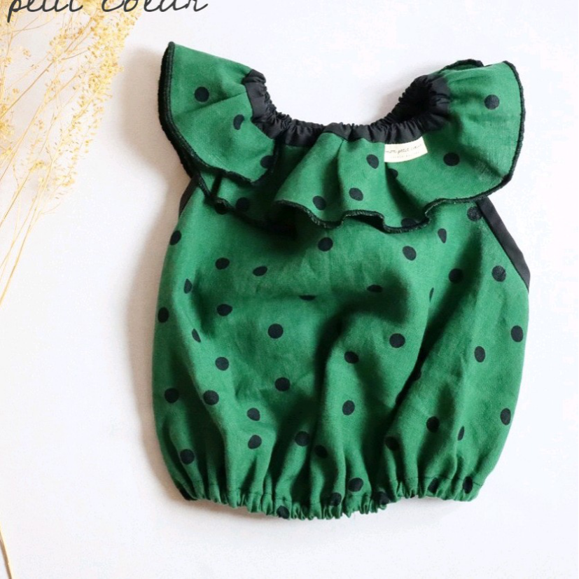 フレブル服パグ服完成品一点ものグリーンドットリネンのフリル襟バルーンワンピースLIBERTY犬服 Msizeのみ