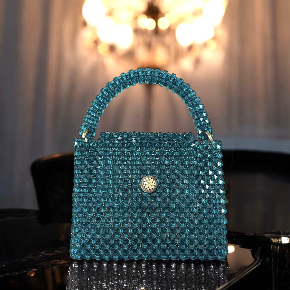再販】大人のキューブビーズハンドバッグ ティール ☆ビーズ