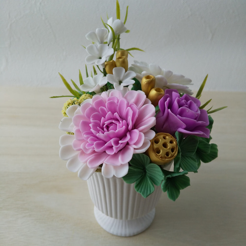 最大10%OFFクーポン 粘土のお供え 樹脂粘土の菊のパープルピンク系ミニ仏花フラワー フラワー・リース