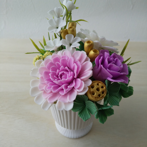 粘土のお供え 樹脂粘土の菊のパープルピンク系ミニ仏花フラワー