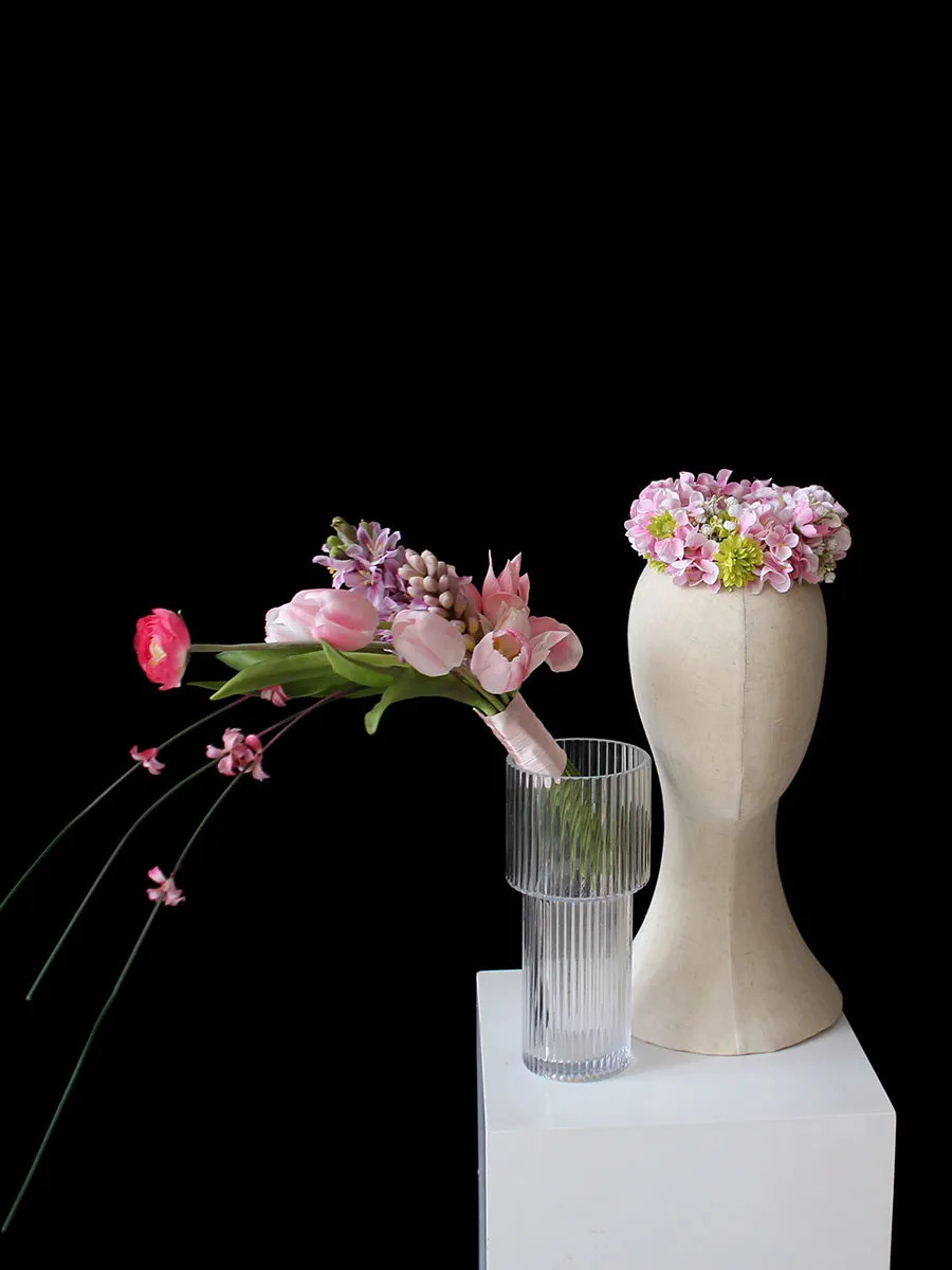 ウエディングブーケ　カラーのブーケ　結婚式の花嫁 造花チューリップ写真アジサイ髪飾りセット 18,000円