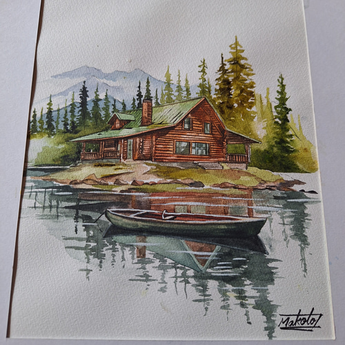 y*e様 風景画 水彩画 山と小屋 水彩画 山湖に佇むロマンチックな山小屋 絵画 makochin 通販