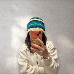 【handmade】ファイヤーパターン　クラッシャーハット　ビーニー　男女兼用 ファイヤーパターン バケハ 男女兼用 ニット帽 ビーニー
