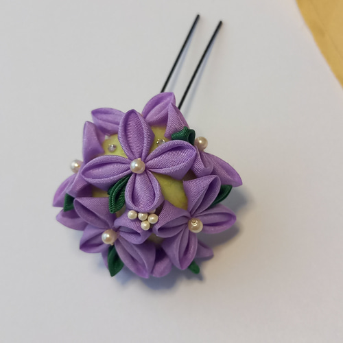B級][sale]正絹羽二重☆紫陽花の髪飾り☆つまみ細工☆手染め かんざし 