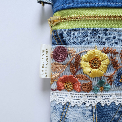 デニム風・インド刺繍リボン飾り 持ち手付きサコッシュ・ファスナー16
