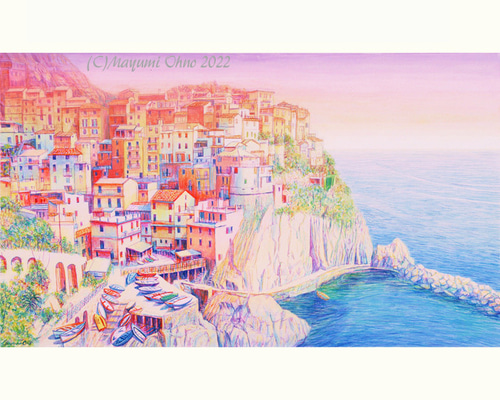 口豪奢 ギリシャ ミコノス島 エーゲ海 海 青 風景画 地中海 ヨーロッパ 版画