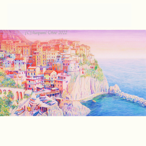 額装イタリア チンクエ・テッレ マナローラ 地中海 絵画 風景画 版画