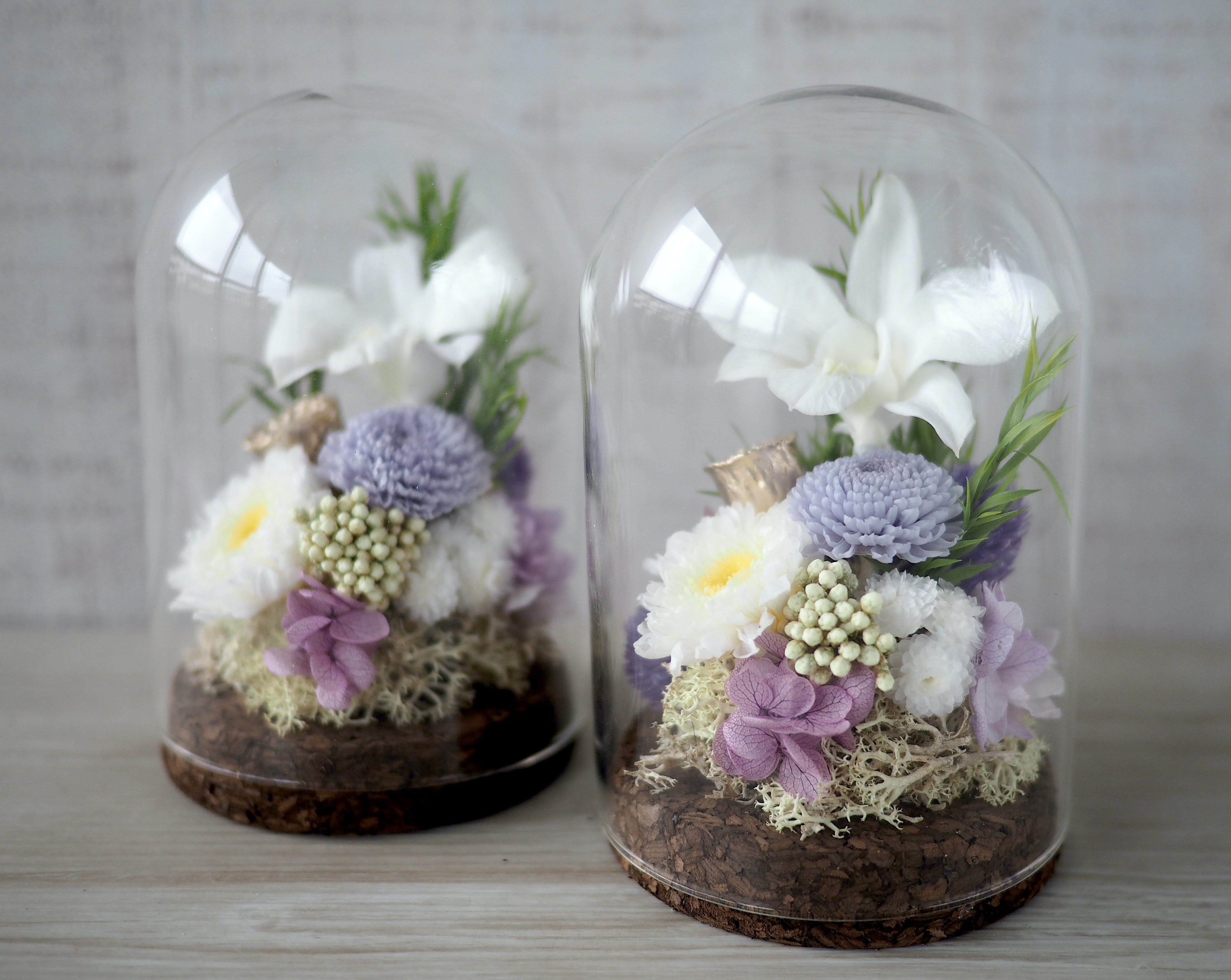 Creema限定 仏花)1対 お供え花 ガラスドーム -デンファレ パープル-