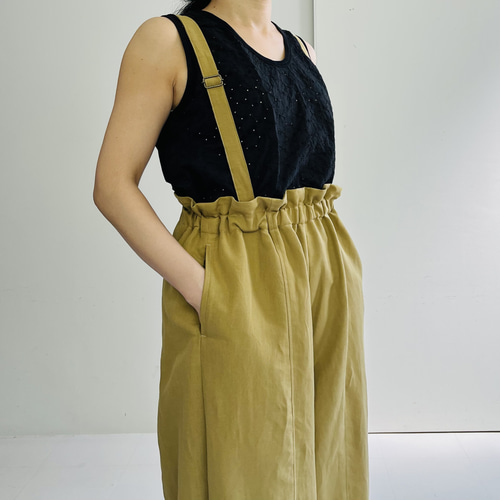 オーガニックハーフリネンサスペンダーパンツ(カーキ