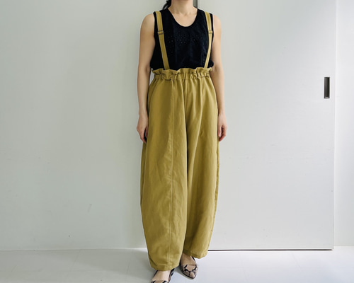 美品 bajra リネン100%サスペンダー付パンツ f56f59200d8fb3e8a877d49439526a