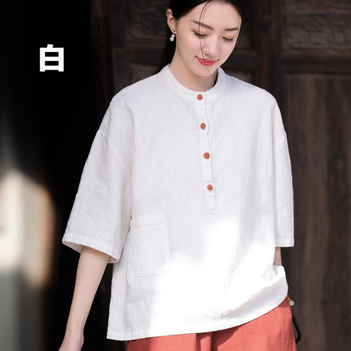 コットンリネンレディースファッション新作：レトロなスタイル、立ち襟