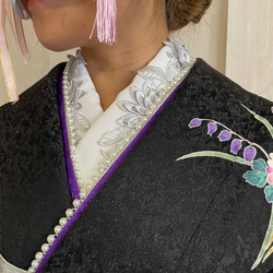 美品✨振袖/パールストーン重ね襟+刺繍半襟セット/パープル