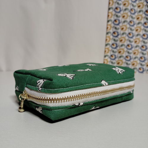 ボックスポーチ　スクエアポーチ　ミニ　千鳥格子　ブルーグリーン　ハンドメイド 受注製作【スクエアミニポーチ】ビションフリーゼ／グリーン