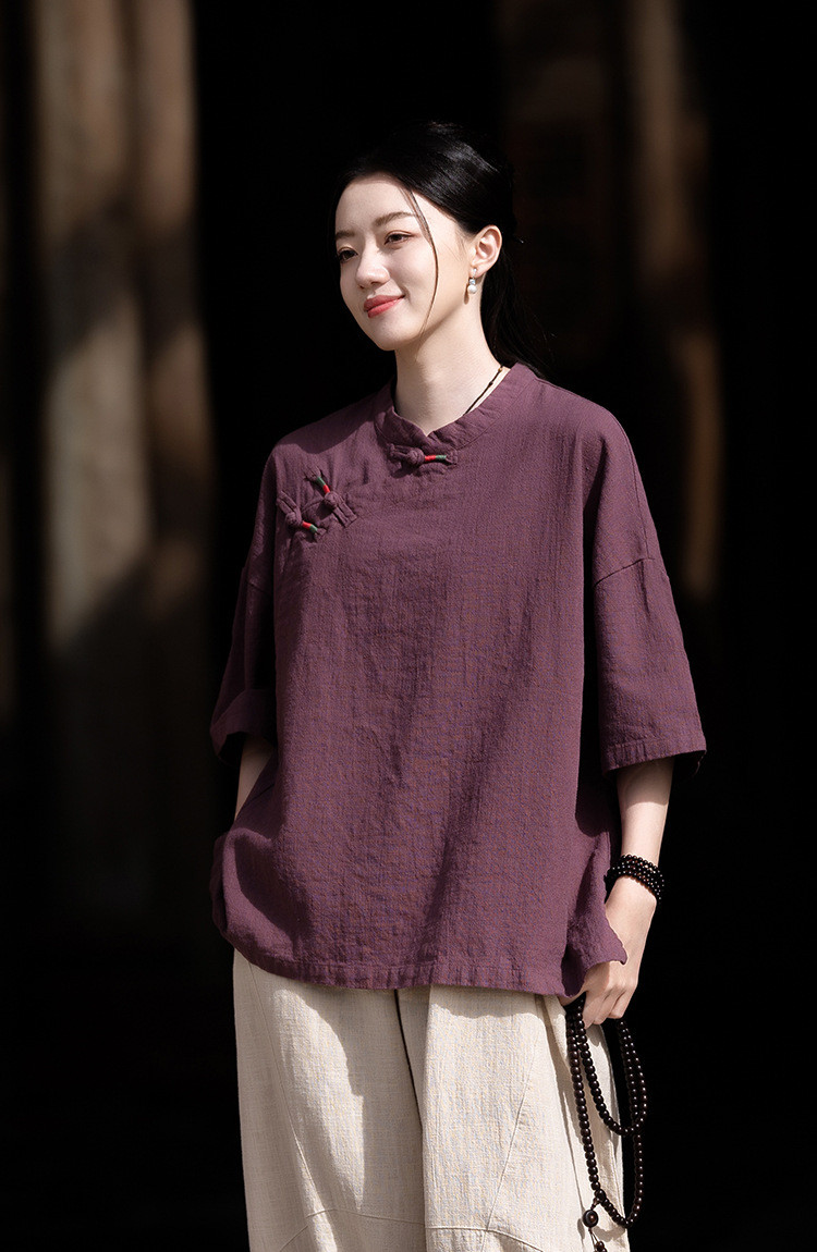 夏新作女性用綿麻宽松半袖シャツ禅スタイル