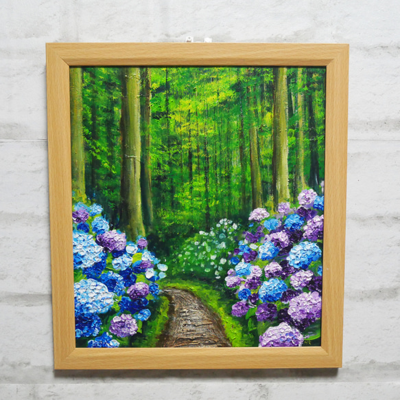 油絵 油彩 油彩画 絵 絵画【森の紫陽花の道】 絵画 HR 通販