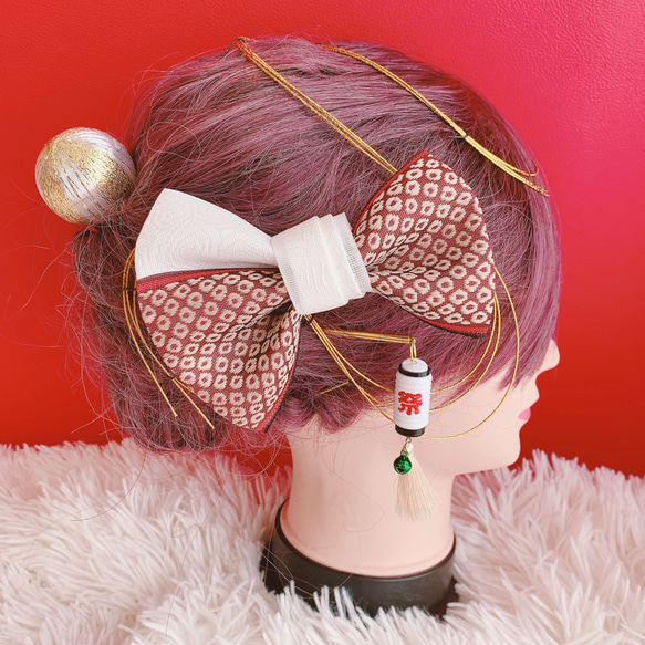 和装 髪飾り 赤白市松 紫房 ビッグリボン ピアス付き 和装 髪飾り 赤白市松 紫房 ビッグリボン ピアス付き