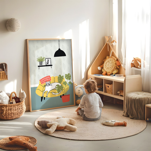 アートポスター 癒しの白猫 観葉植物 ミニマル インテリアデザイン