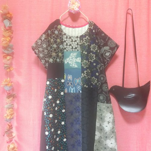 ◇sale◇ 【ミナペルホネン】北欧パッチワーク 半袖ワンピース 黒 