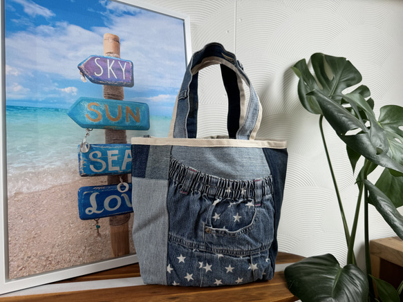 パッチワークデニム⭐︎トートバッグ⭐︎リボン付き♪ トートバッグ  