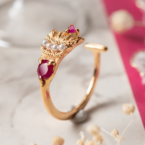 『真由美』　K18　パール&ルビーリング　12号 K18イエローゴールドルビーリング(RFR422-002)|TSUTSUMI（ジュエリー