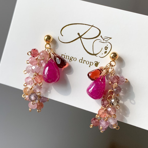 14kgf ガーネット ピンクアメジスト パール ルビー ピアス イヤリング