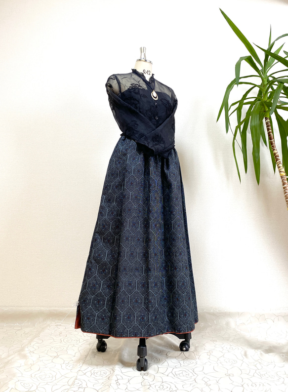 大島紬着物リメイクウエストゴムロングスカート送料無料フリーサイズ1  